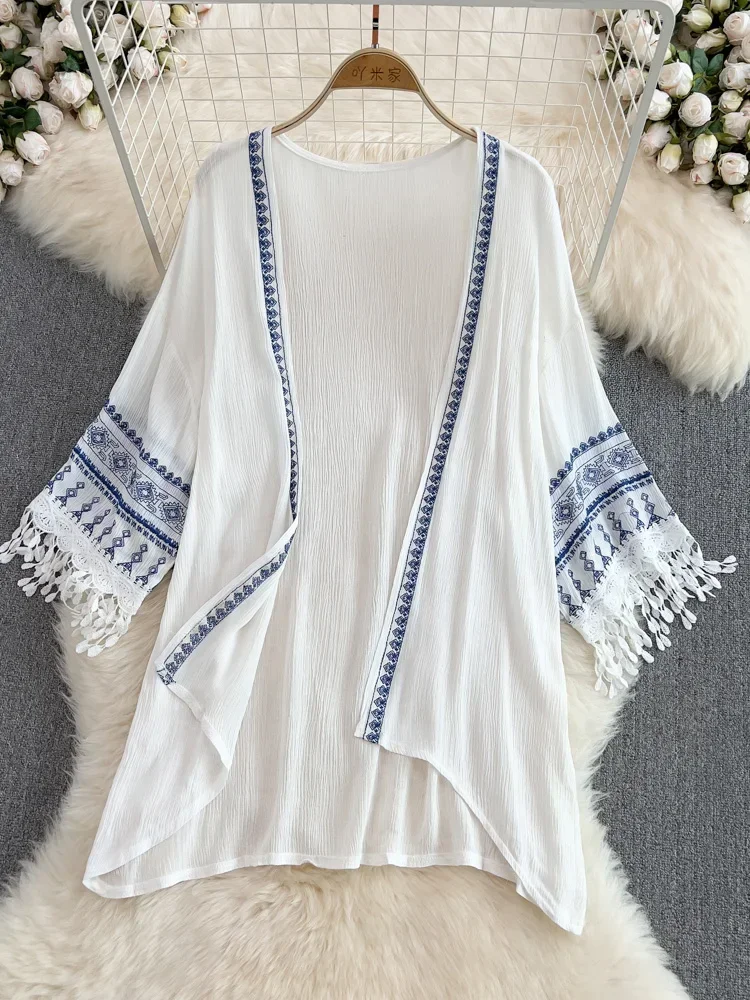 Embroidery Zig Zag Stitch - 여성용 보헤미안 에스닉 스타일 숄 탑,