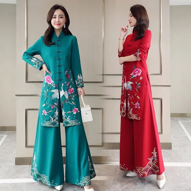 긴 민족 스타일 치파오 세트 봄과 가을 드롭 느낌 넓은 - Embroidery Youtube 리뷰 및 가격