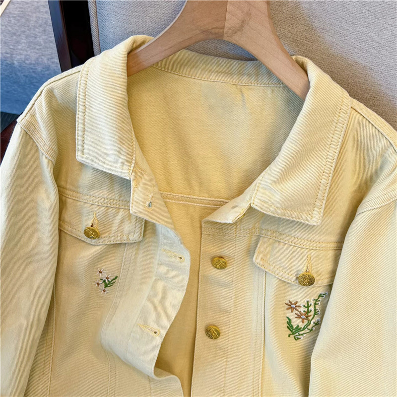 한국 빈티지 꽃 자수 노란색 짧은 데님 재킷 여성 라펠 - Embroidery Yellow Flower 리뷰 및 가격
