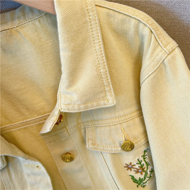 한국 빈티지 꽃 자수 노란색 짧은 데님 재킷 여성 라펠 - Embroidery Yellow Flower 리뷰 및 가격
