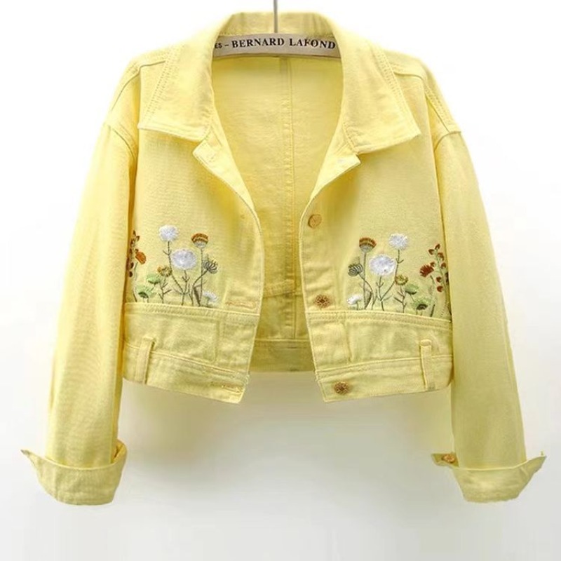 여성용 노란색 자수 꽃무늬 짧은 데님 재킷, 봄과 가을 - Embroidery Yellow Flower 리뷰 및 가격