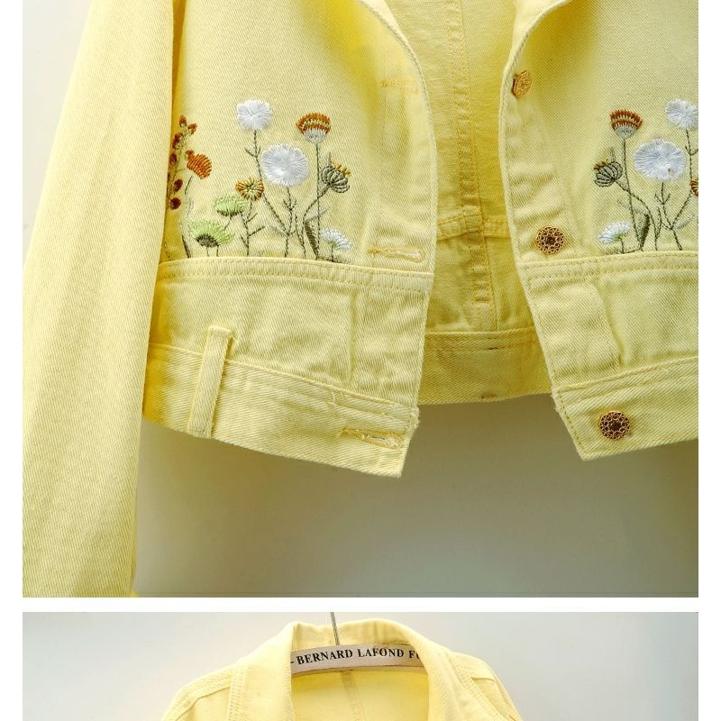 여성용 노란색 자수 꽃무늬 짧은 데님 재킷, 봄과 가을 - Embroidery Yellow Flower 리뷰 및 가격