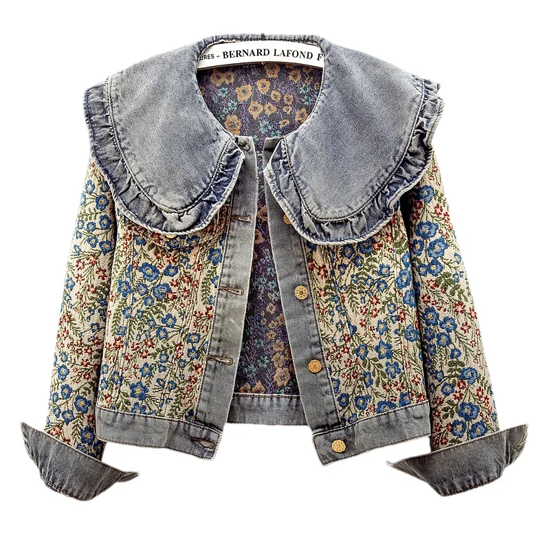 Ruffles 자수 자카드 피터팬 칼라 스플 라이스 데 - Embroidery Jacket Jeans 리뷰 및 가격