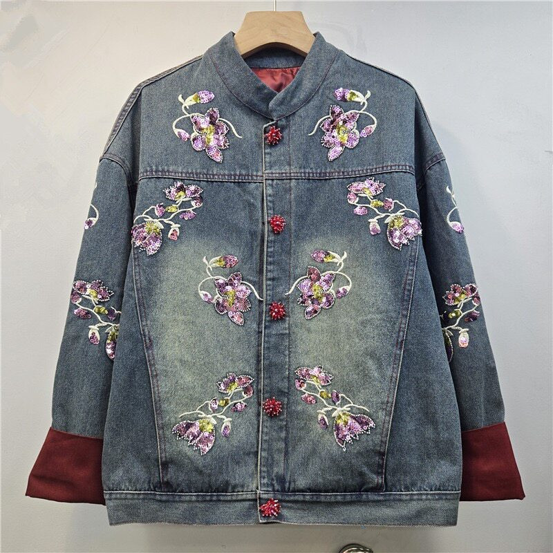 화려한 스팽글 꽃 자수 배색 데님 재킷 블루 블랙 캐주 - Embroidery Jacket Jeans 리뷰 및 가격
