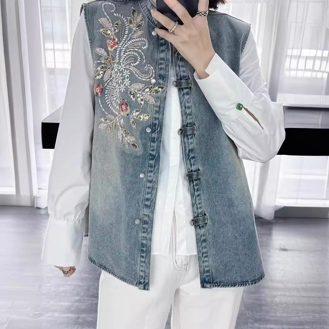 데님 코트 여성 조끼 코트 라운드 넥 민소매 Y2k s - Embroidery Jacket Jeans 리뷰 및 가격