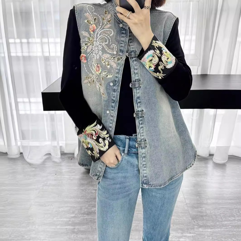 데님 코트 여성 조끼 코트 라운드 넥 민소매 Y2k s - Embroidery Jacket Jeans 리뷰 및 가격