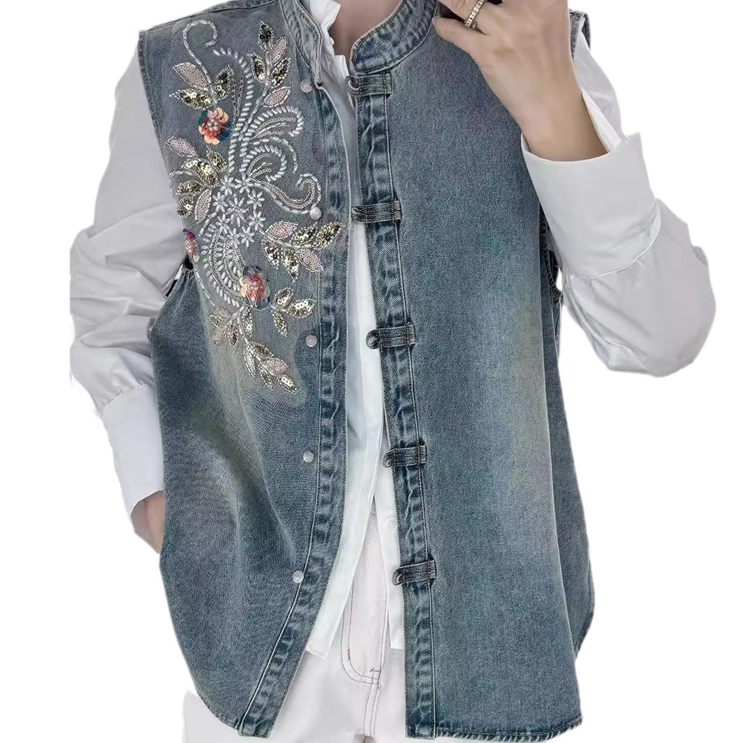 데님 코트 여성 조끼 코트 라운드 넥 민소매 Y2k s - Embroidery Jacket Jeans 리뷰 및 가격
