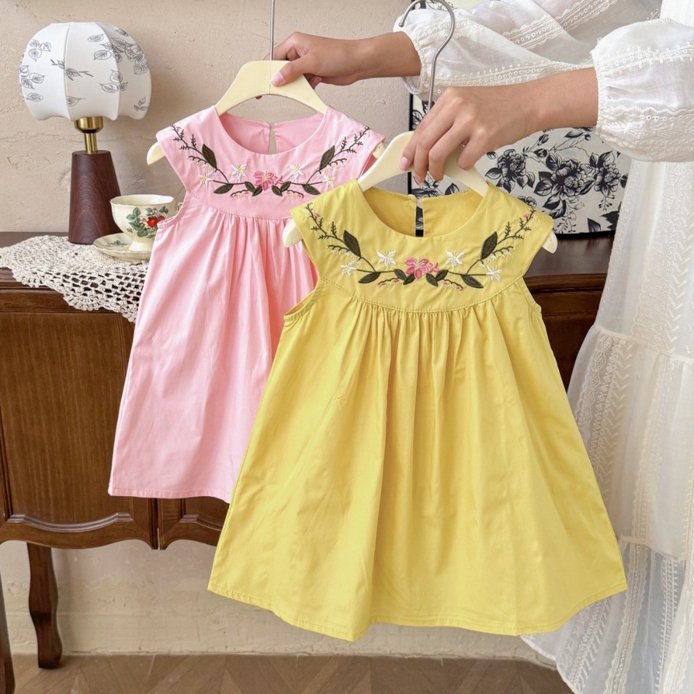 2-7세 한국어 버전 여름 신상 여아 캐주얼 원피스 핑 - Embroidery Yellow Flower 리뷰 및 가격
